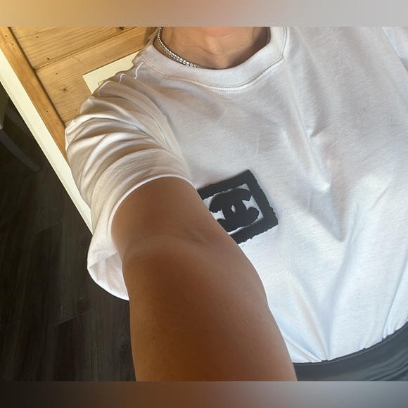 CHANEL White Tee with Black Logo Patch - Picture 1 of 9